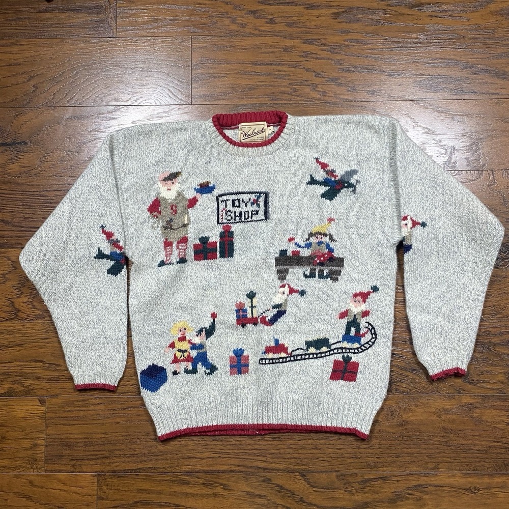 Vintage 90s Woolrich Wool Christmas Sweater Santa's Workshop Small Pullover
